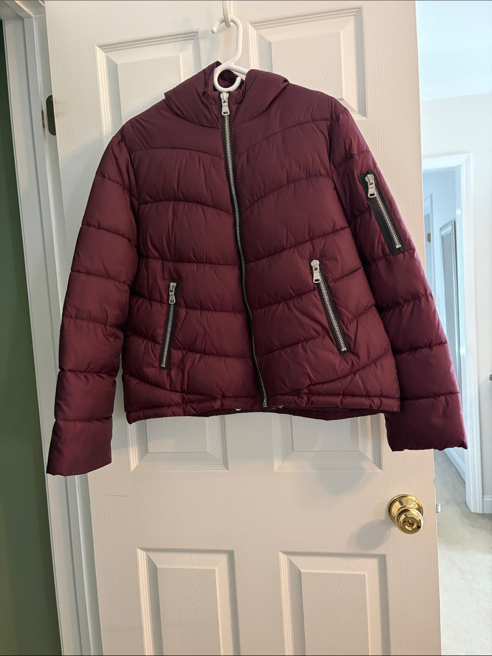 Quilted Hooded Puffer Jacket in Wine